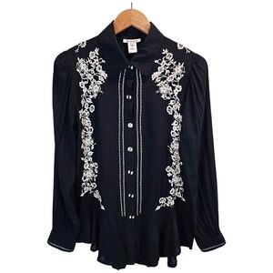 Krista Lee Floral Embroidered Button Up Blouse Medium Black Ruffle Boho Chic